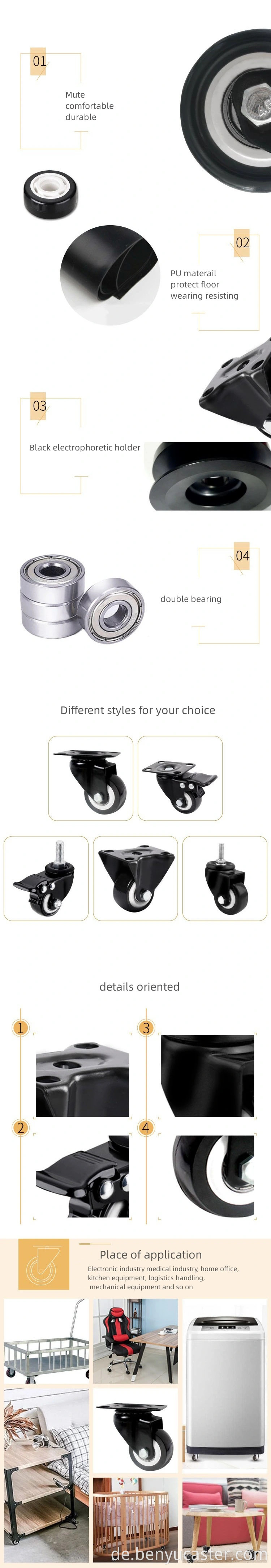 Langlebige Goldbohrer Polyurethan Rotatable Flat Casters Farbanpassungswerkzeug Schrank Medizinräder